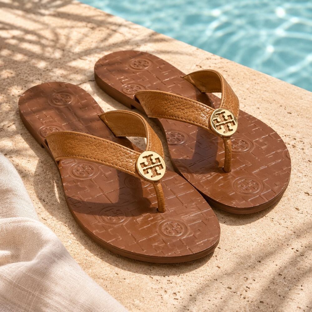 Iconic Rare Tory Burch Thora Leather Flip Flops Tan Gold New In Box Size 10